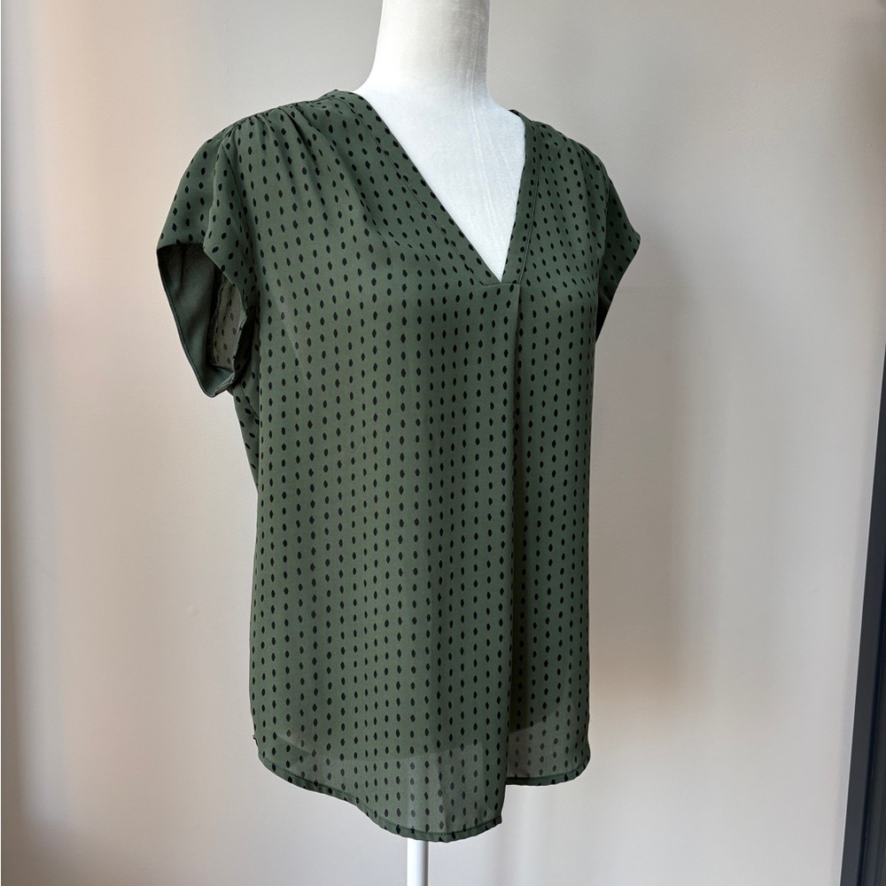 fun 2 fun Green V-Neck Dot Cap-Sleeve Blouse - Picture 2 of 7